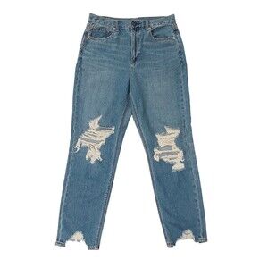 American Eagle Mom Jean Womens 8 Blue High Rise Distressed Chewed Hem Denim